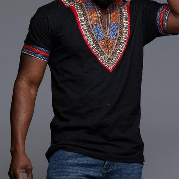 Black African Dashiki T Shirt Tribal Floral Print V Neck Slim Fit Shirts Tops​​ - Picture 5 of 5